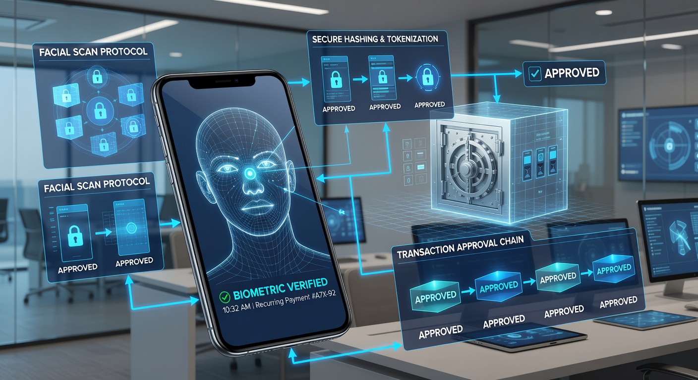 Secure transaction flow diagram showing biometric verification steps