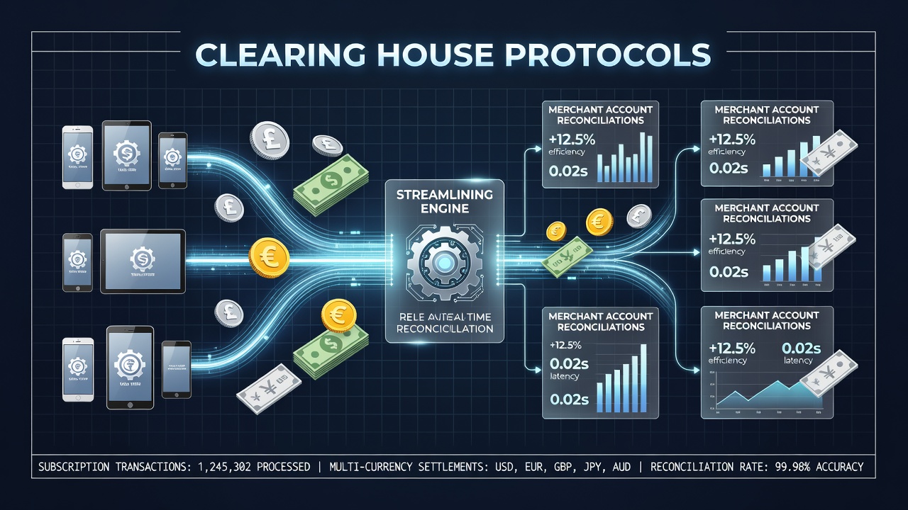 Clearing house systems processing multi-currency subscription data flows for mobile merchants