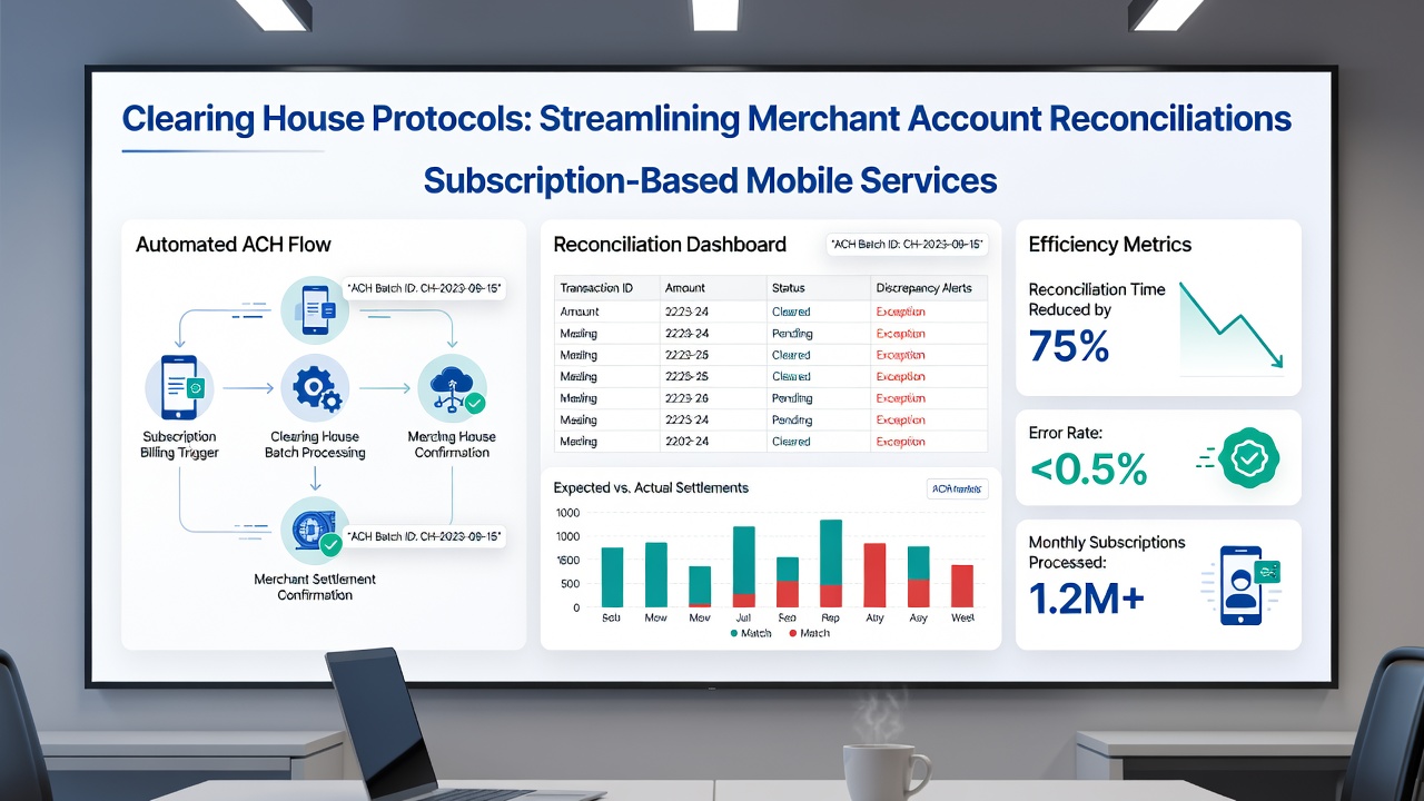 Automated reconciliation dashboard showing multi-currency subscription batches settled through clearing protocols