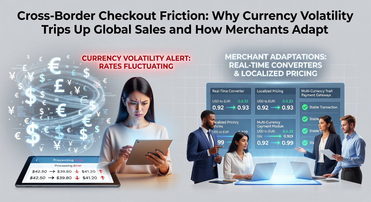 Graph illustrating sharp currency exchange rate swings between USD, EUR, and emerging market currencies, with overlaid shopping cart abandonment icons highlighting sales impacts