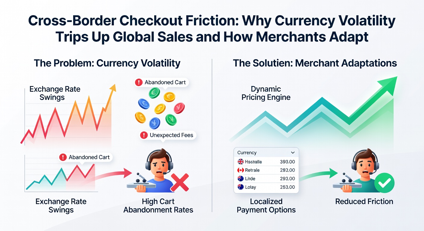 Infographic depicting merchant dashboard with multi-currency pricing tools, hedging graphs, and reduced cart abandonment metrics before and after adaptations