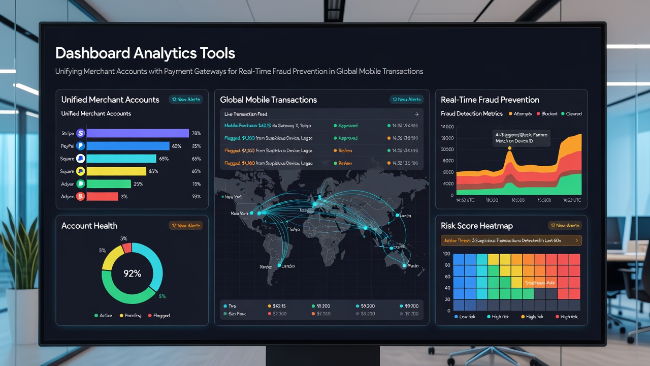 Dashboard interface showing unified merchant account analytics integrated with payment gateway data streams for fraud monitoring