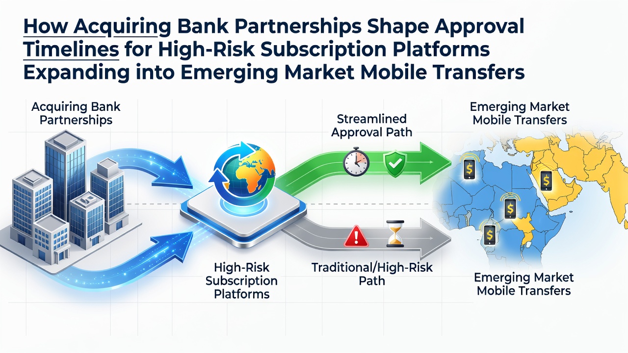 Acquiring bank representatives reviewing subscription platform documentation during an emerging market expansion meeting