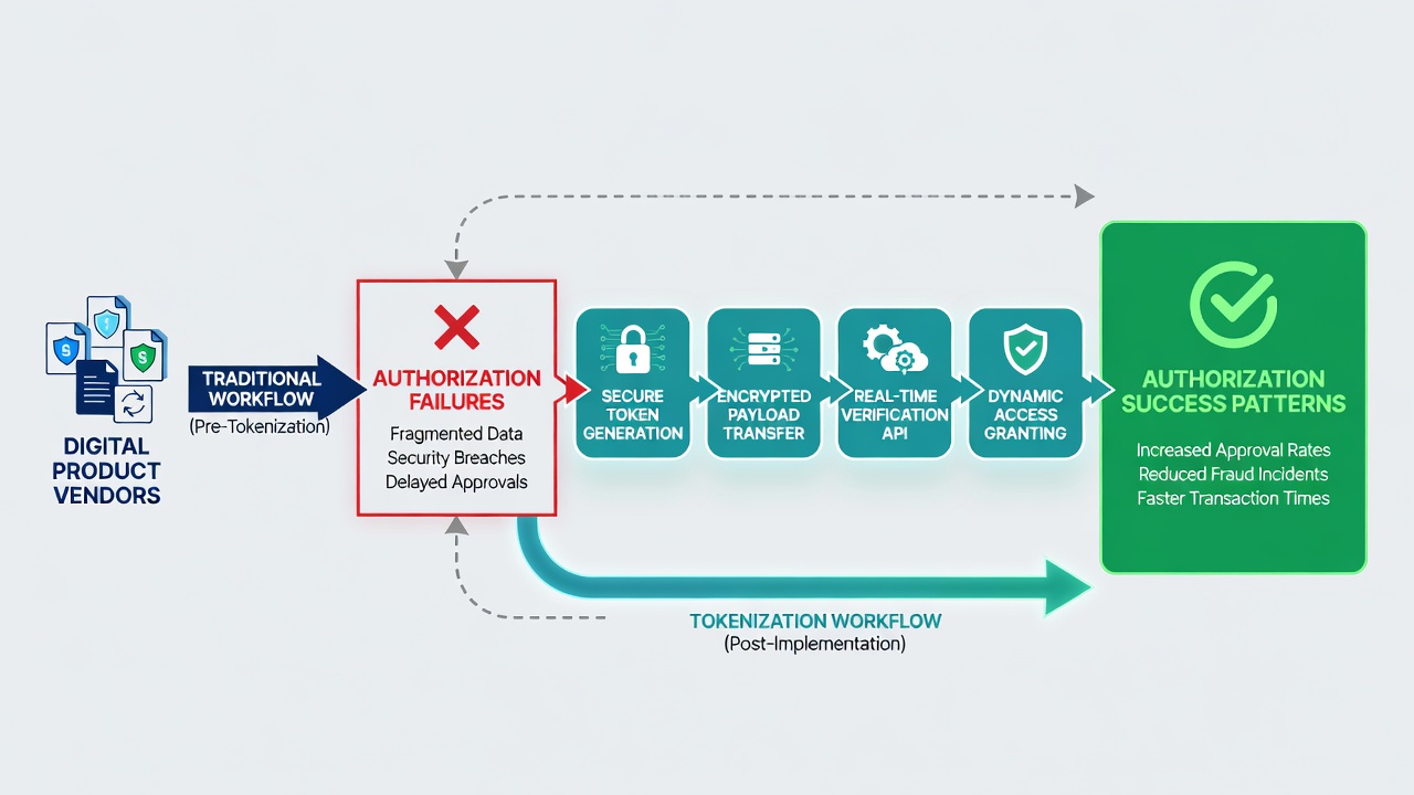Illustration of tokenized payment flows connecting authorization systems with regional tax engines