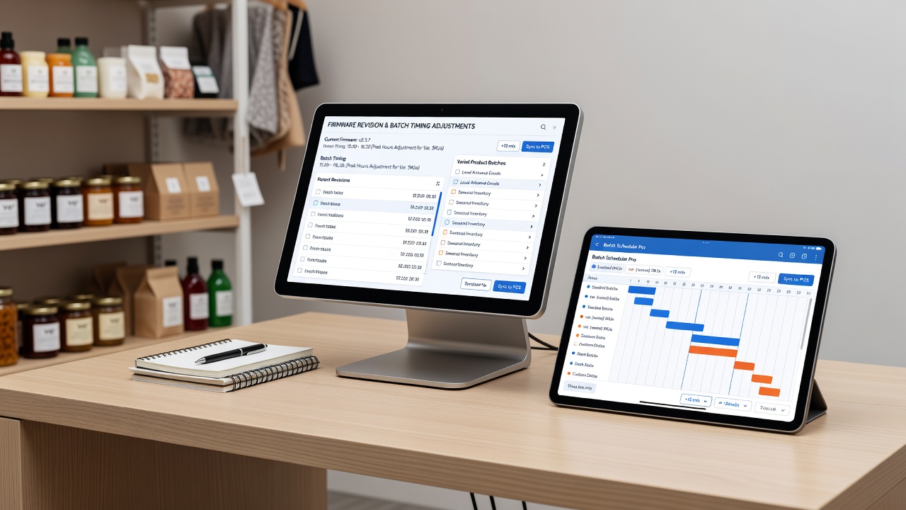 Close-up of a modern POS terminal displaying batch settlement settings during a mid-day sales rush