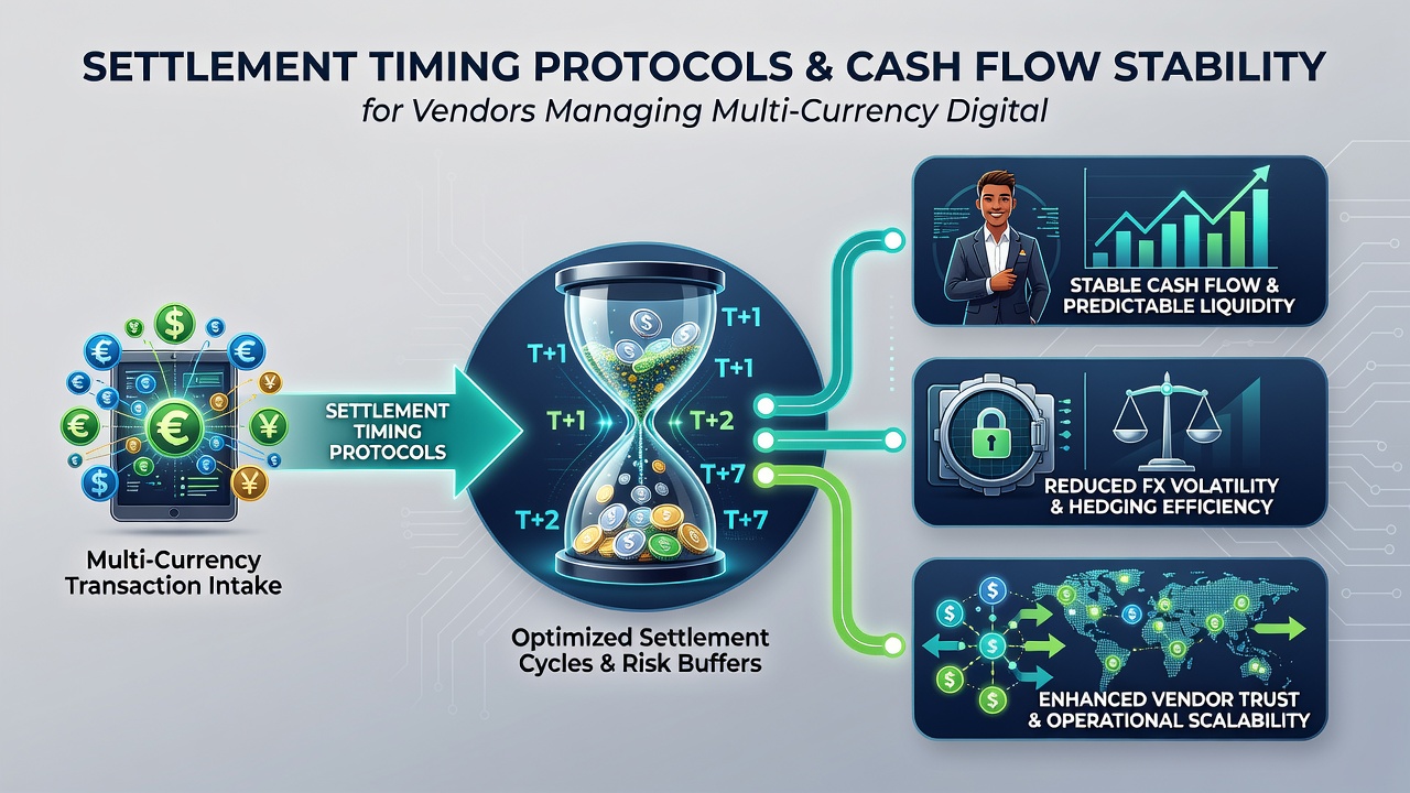 Flowchart of cash flow impacts from settlement timing in multi-currency digital sales